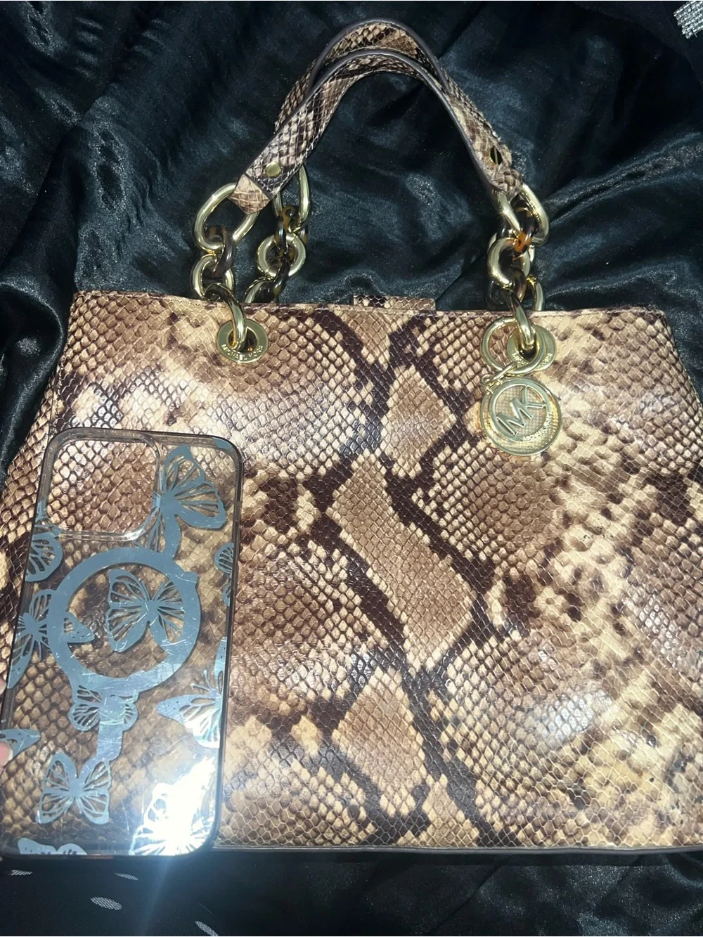 Michael Kors Brown Snake-Print Satchel with Gold Hardware